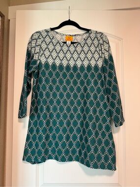 Ruby Rd. Teal and White Geometric 3/4 Sleeve Tunic